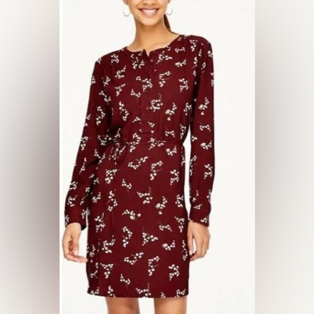 LOFT OUTLET BURGUNDY FLORAL LONG SLEEVE SHIRTTAIL TIE WAIST CAREER DRESS